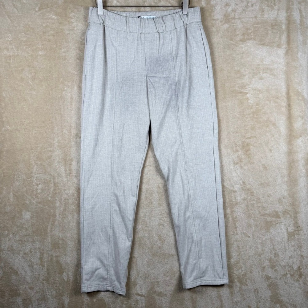 Zara Womens Sm Herringbone Tapered Pants Light Gray Elastic Waist Preppy FLAWED